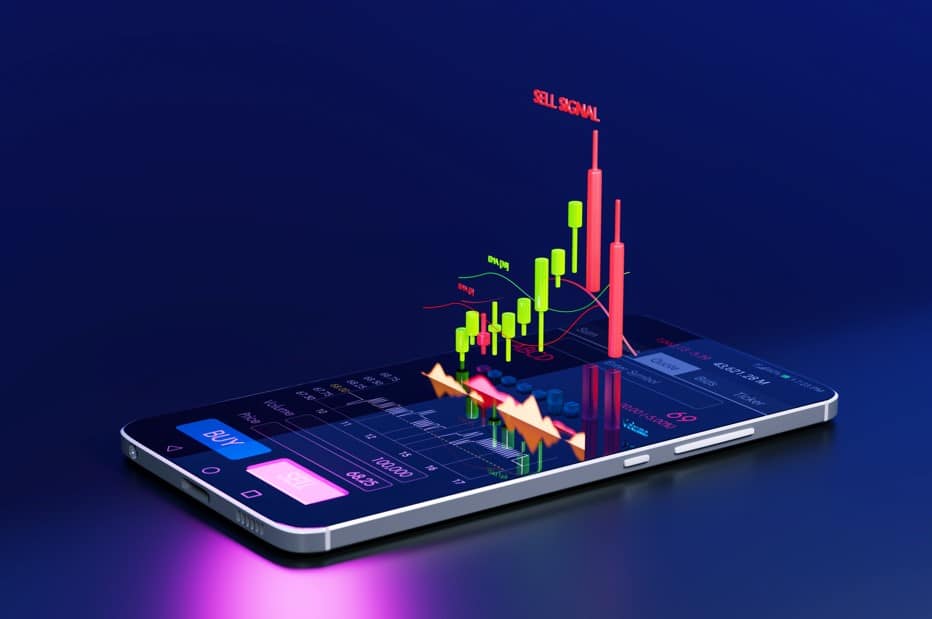 A mobile phone with trading graphs coming out of it